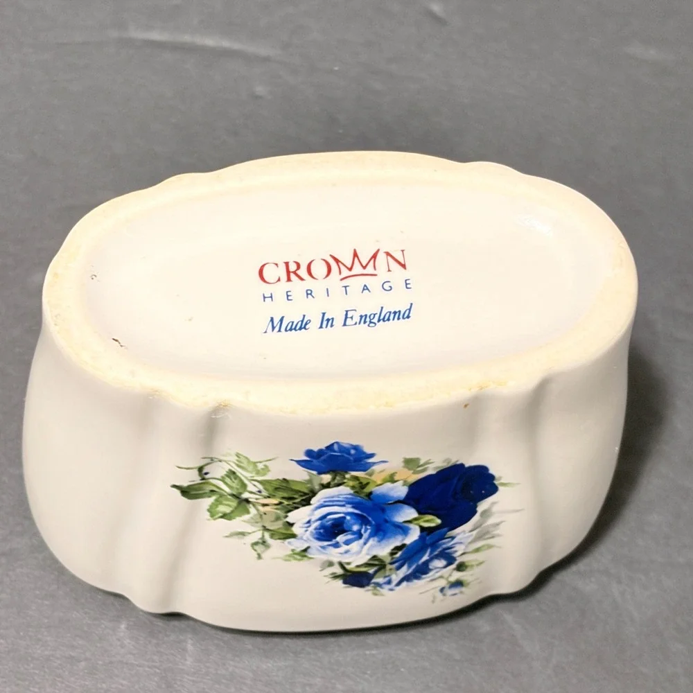 Crown Heritage Blue Rose Ceramic Soap Dispenser & Toothbrush Holder Set England